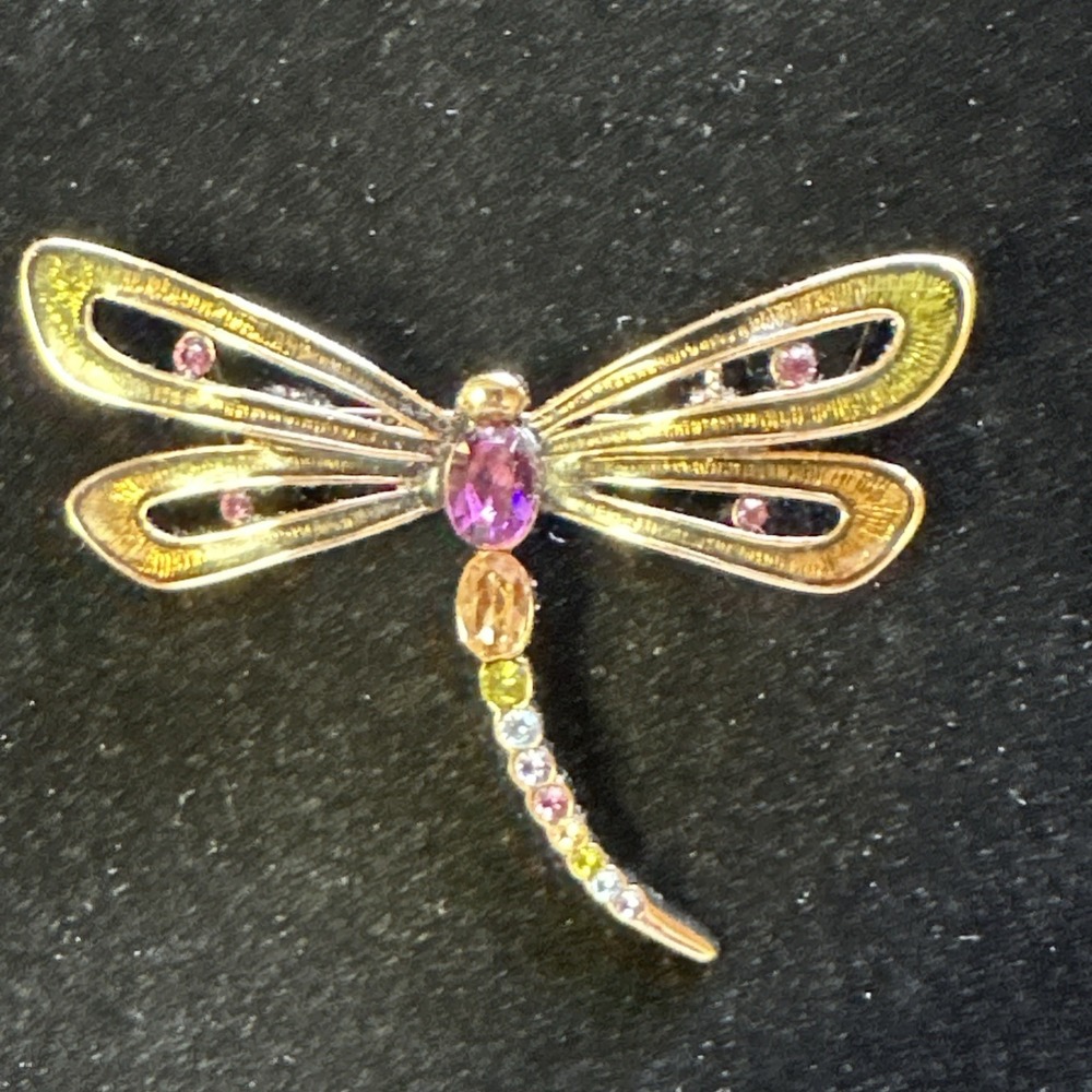 Vintage Monet Dragonfly Brooch Pin With Rhinestone Accents Signed Goldtone